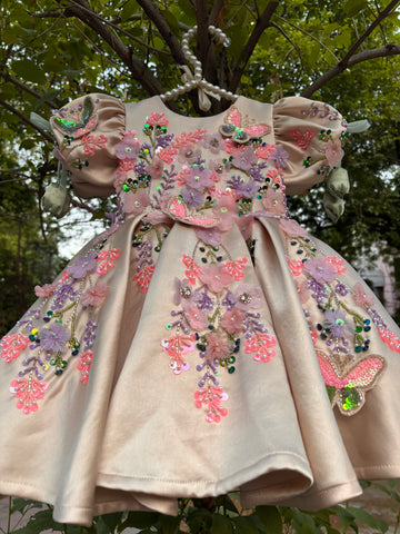Beige Handmade Dress with 3D Butterflies