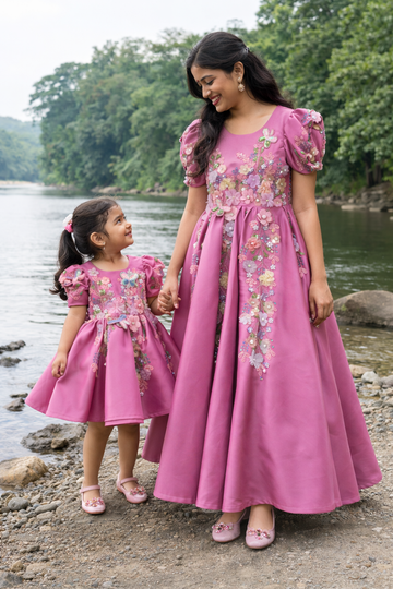 Pink Handmade Mother Daughter Dress Combo