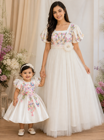 White Handmade Mother Daughter Combo Dress