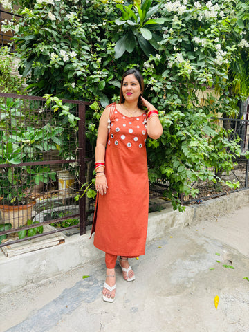 Rust Orange flex cotton kurta set with real mirror work