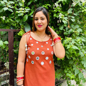 Rust Orange flex cotton kurta set with real mirror work