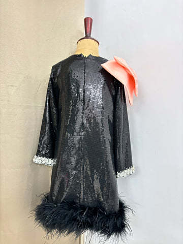 Black Sequin Shoulder Bow Dress
