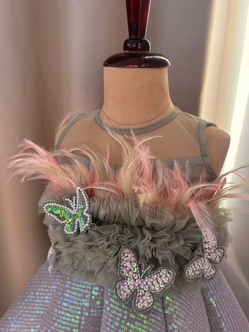 Green Ball Gown with Feather work