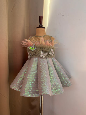 Green Ball Gown with Feather work
