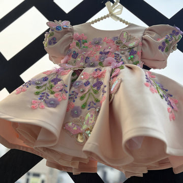 Peach Butterfly Embroidered Satin Dress for Baby Girls