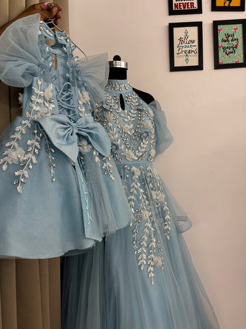 Blue Handmade Mother Daughter Dress Set