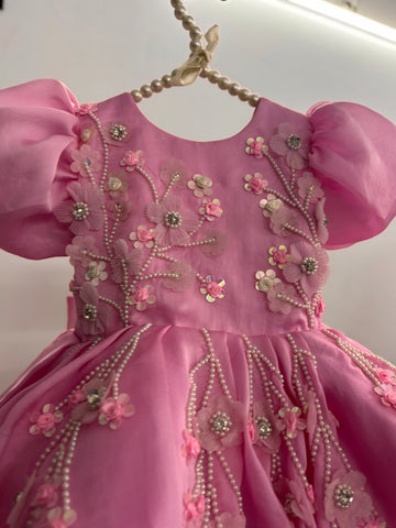 Pink Satin Organza Hand Crafted Dress