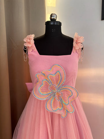 Pink 3 D Butterfly Handcrafted Dress for Women