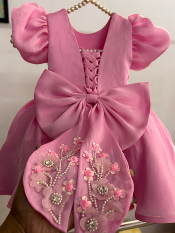 Pink Satin Organza Hand Crafted Dress