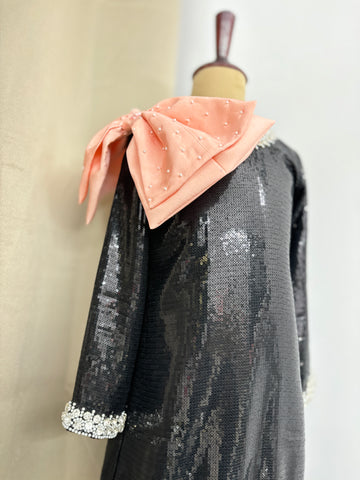 Black Sequin Shoulder Bow Dress