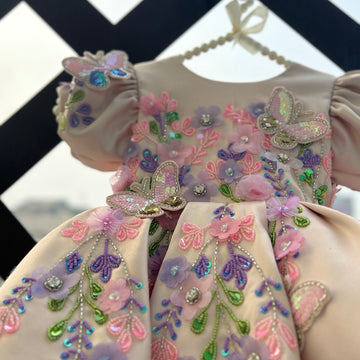 Peach Butterfly Embroidered Satin Dress for Baby Girls
