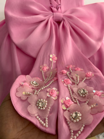 Pink Satin Organza Hand Crafted Dress