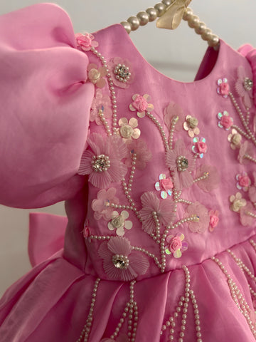 Pink Satin Organza Hand Crafted Dress