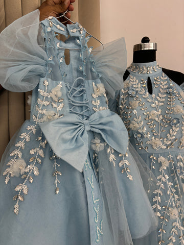 Blue Handmade Mother Daughter Dress Set