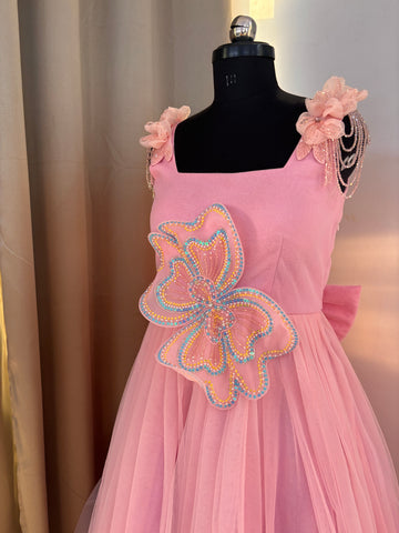 Pink 3 D Butterfly Handcrafted Dress for Women