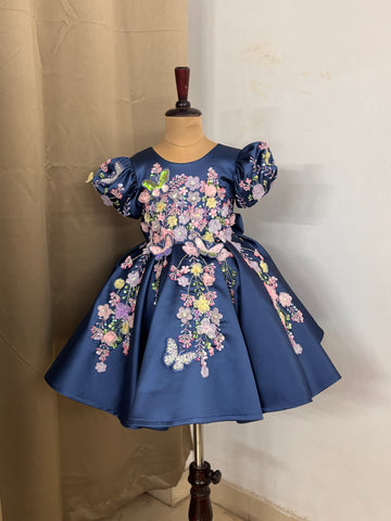 Blue Handmade Dress – Floral Embroidered Butterfly Party/Birthday Dress for Girls