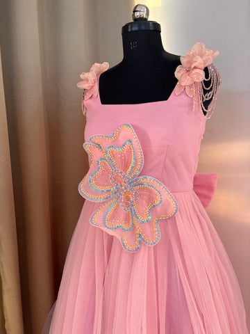 Pink 3 D Butterfly Handcrafted Dress for Women
