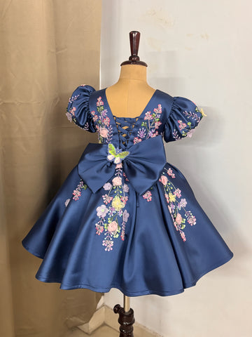 Blue Handmade Dress – Floral Embroidered Butterfly Party/Birthday Dress for Girls