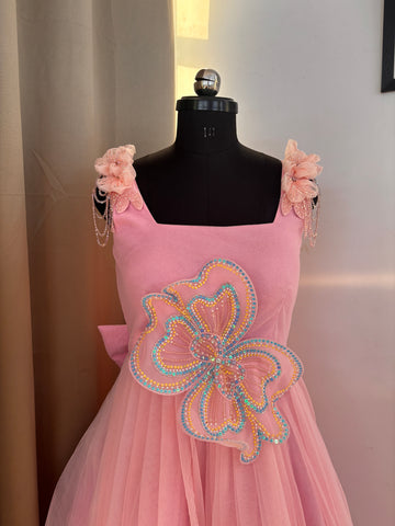 Pink 3 D Butterfly Handcrafted Dress for Women