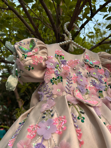 Beige Handmade Dress with 3D Butterflies
