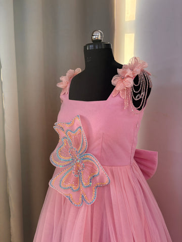 Pink 3 D Butterfly Handcrafted Dress for Women