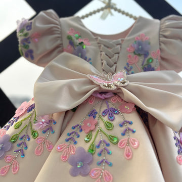 Peach Butterfly Embroidered Satin Dress for Baby Girls