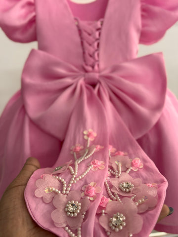 Pink Satin Organza Hand Crafted Dress