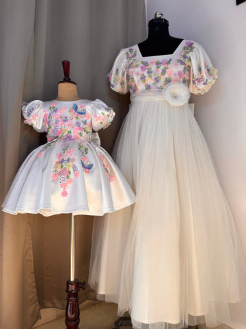 White Handmade Mother Daughter Combo Dress