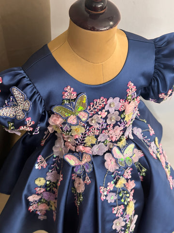 Blue Handmade Dress – Floral Embroidered Butterfly Party/Birthday Dress for Girls
