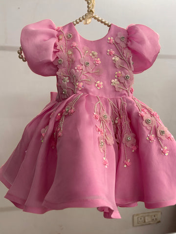 Pink Satin Organza Hand Crafted Dress