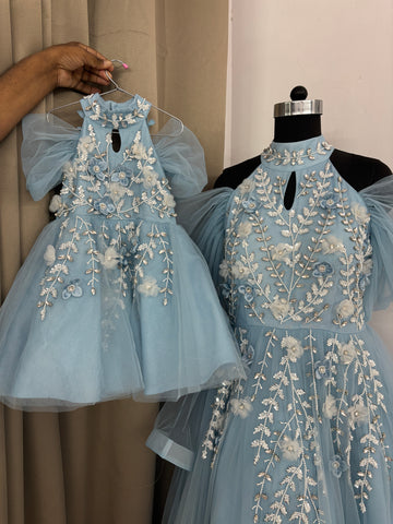 Blue Handmade Mother Daughter Dress Set