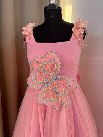 Pink 3 D Butterfly Handcrafted Dress for Women