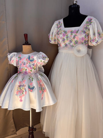 White Handmade Mother Daughter Combo Dress