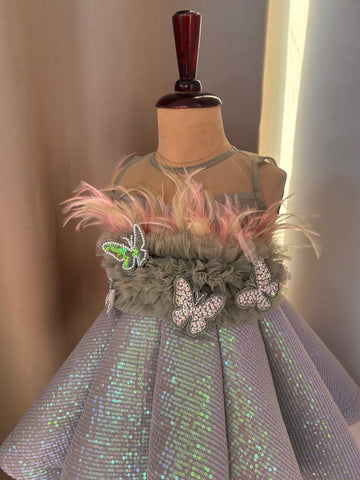Green Ball Gown with Feather work