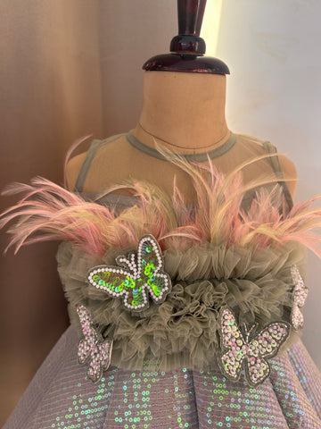 Green Ball Gown with Feather work