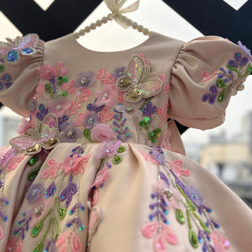 Peach Butterfly Embroidered Satin Dress for Baby Girls