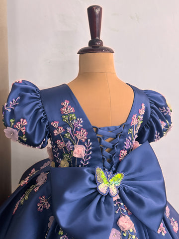 Blue Handmade Dress – Floral Embroidered Butterfly Party/Birthday Dress for Girls
