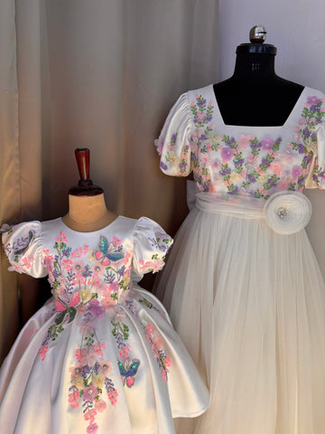 White Handmade Mother Daughter Combo Dress