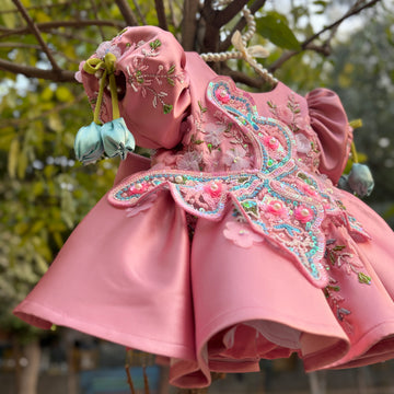 Beautiful Peach Pink Dress with 3D Butterfly