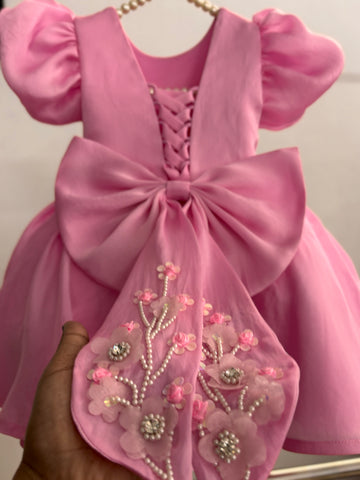 Pink Satin Organza Hand Crafted Dress