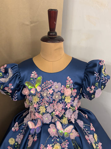 Blue Handmade Dress – Floral Embroidered Butterfly Party/Birthday Dress for Girls
