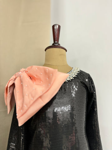 Black Sequin Shoulder Bow Dress