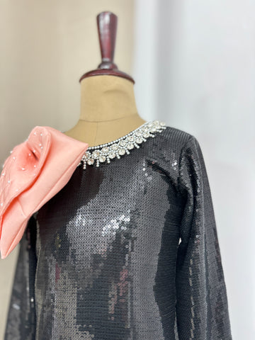 Black Sequin Shoulder Bow Dress