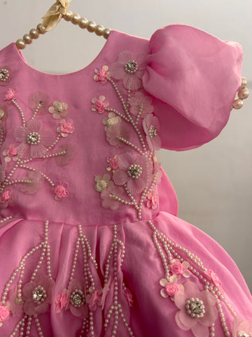Pink Satin Organza Hand Crafted Dress
