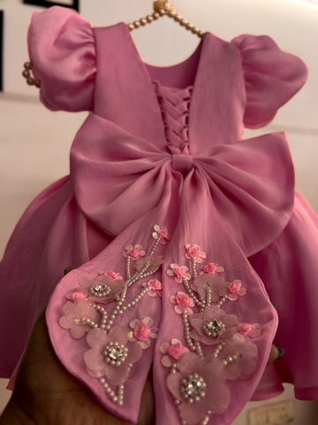 Pink Satin Organza Hand Crafted Dress