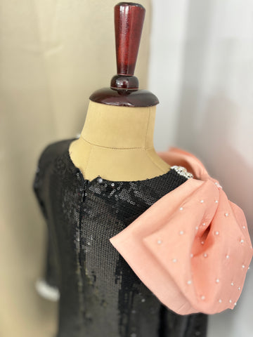 Black Sequin Shoulder Bow Dress