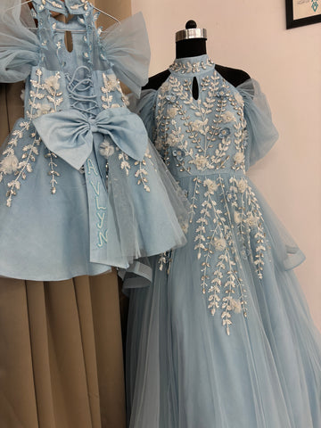 Blue Handmade Mother Daughter Dress Set