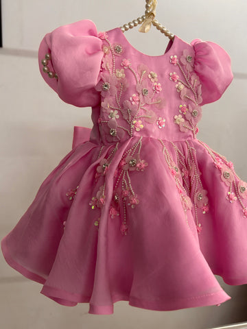 Pink Satin Organza Hand Crafted Dress