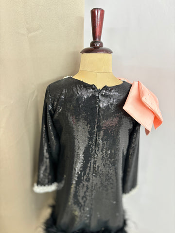 Black Sequin Shoulder Bow Dress