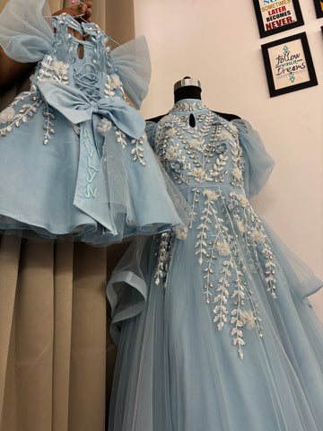 Blue Handmade Mother Daughter Dress Set